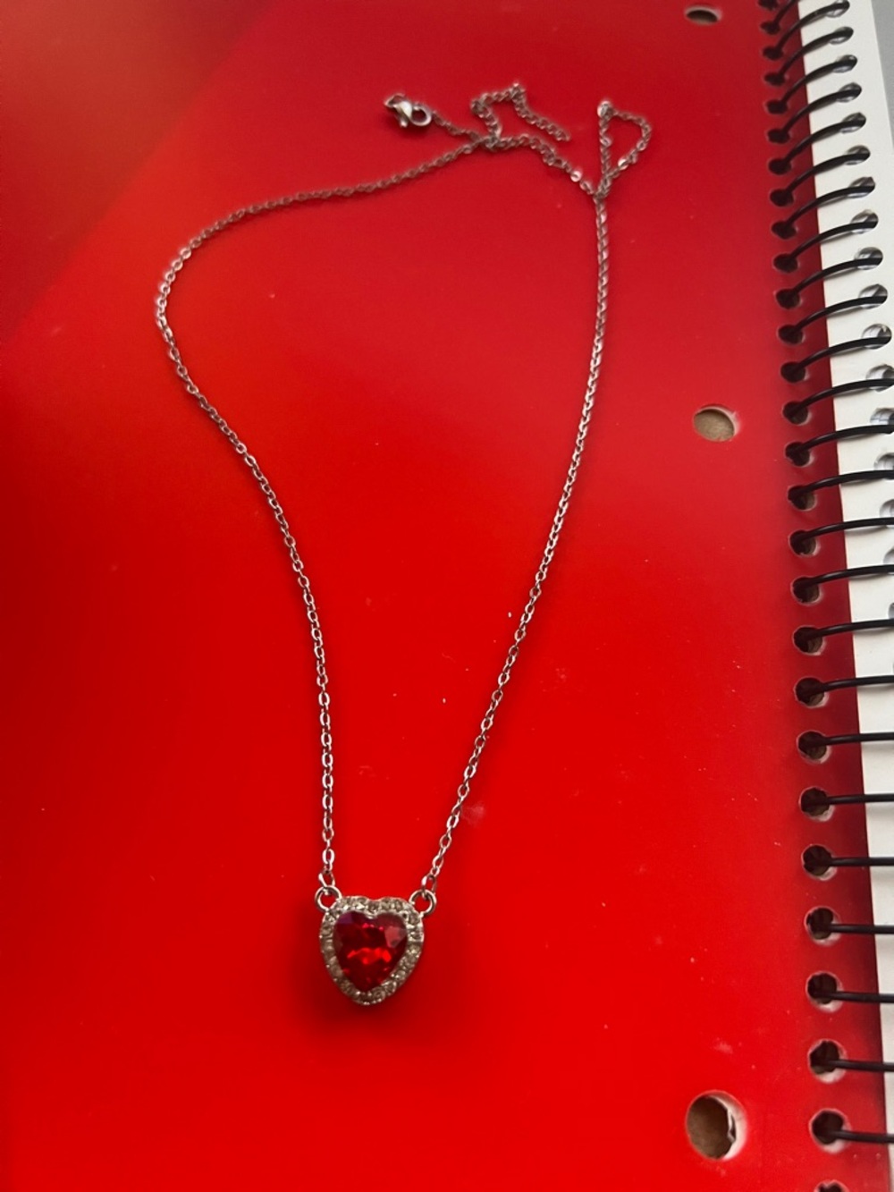 Silver Heart Pendant Necklace with Red Gem